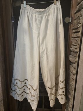 Marie Oliver Cream Eyelet-Cut Wide Cropped Pants